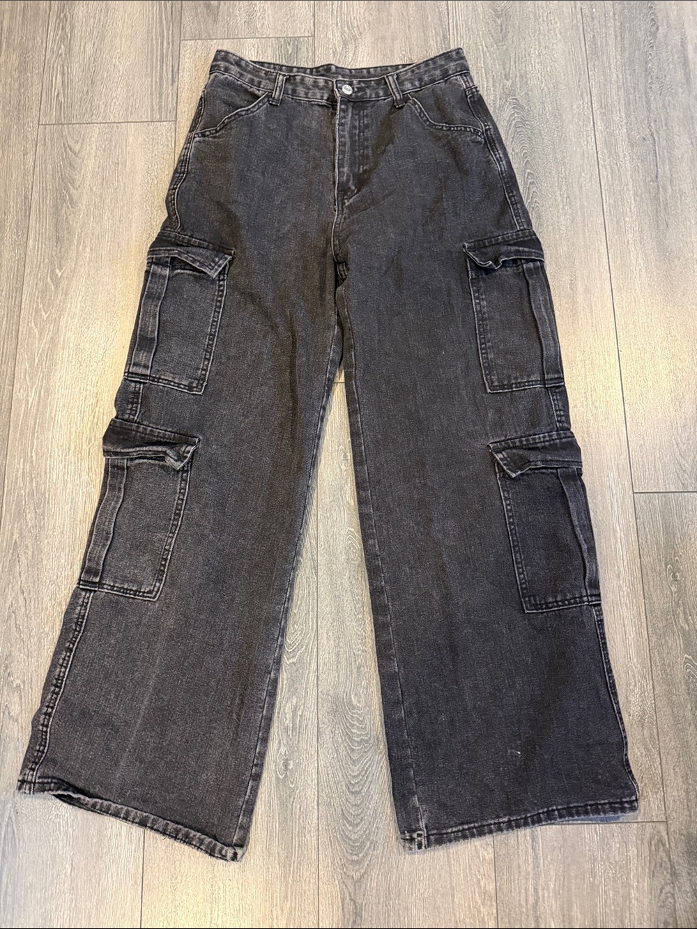 Washed Black Cargo Jeans - Wide Leg Utility Pants
